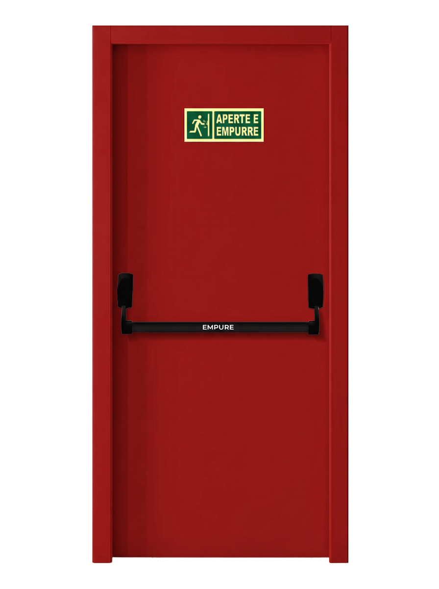 Porta corta-fogo P90 vermelha em aço carbono galvanizado com barra antipânico